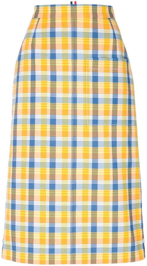High Waist Cuban Pocket Skirt In Small Madras Check Double Woven Cotton