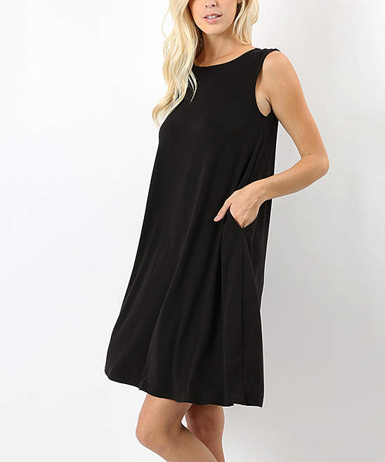Black Side-Pocket Sleeveless Shift Dress - Women