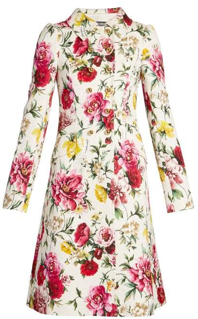 Floral-brocade point-collar double-breasted coat