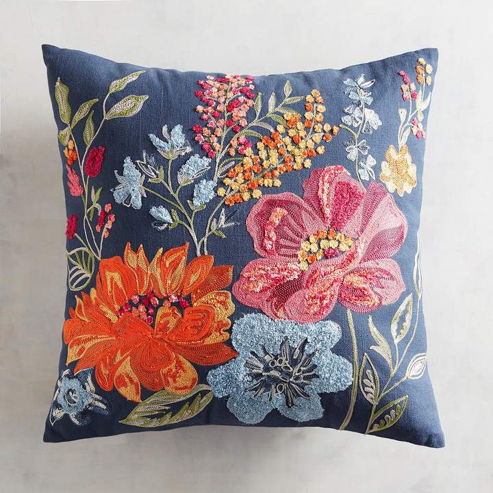 Embroidered Big Blooms on Navy Pillow