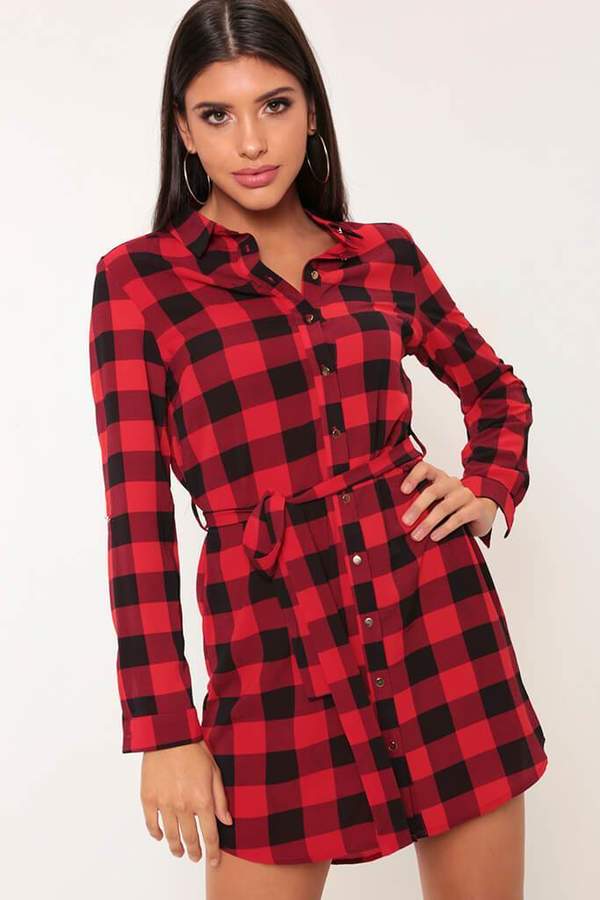 Isawitfirst Red/Black Check Print Tie Front Shirt Dress