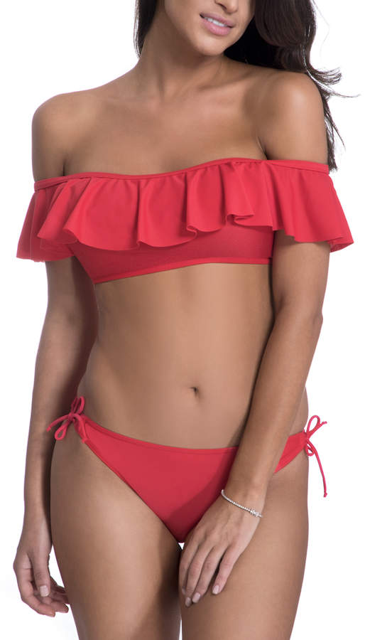 Red Ruffle Off-Shoulder Bikini Top & Bottoms - Women