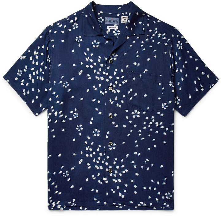 Camp-Collar Indigo-Dyed Printed Twill Shirt