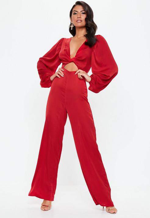 Red Satin Knot Front Wide Leg Jumpsuit, Red