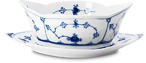 Blue Fluted Plain Sauce Boat With Fixed Stand