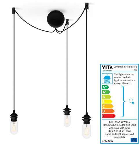 VITA COPENHAGEN Aufhängung & Kabel Cannonball Cluster 3 für alle Vita-Lampen, schwarz