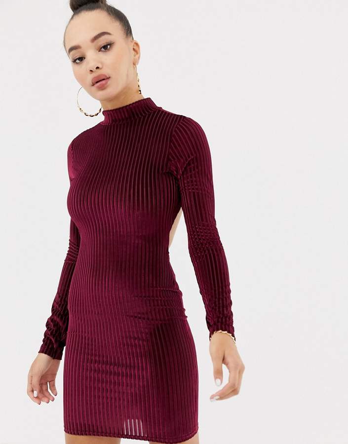 ribbed velvet open back mini dress in burgundy