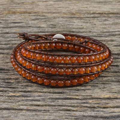 Spring Fire Carnelian and Leather Beaded Wrap Bracelet from Thailand