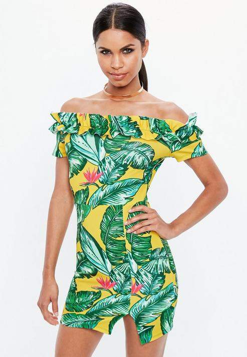 Yellow Tropical Ruffle Bardot Bodycon Mini Dress