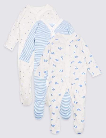 3 Pack Animal Print Pure Cotton Sleepsuits