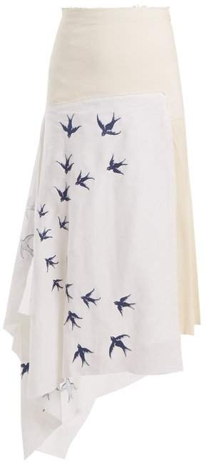 Swallow-embroidered contrast-panel linen skirt