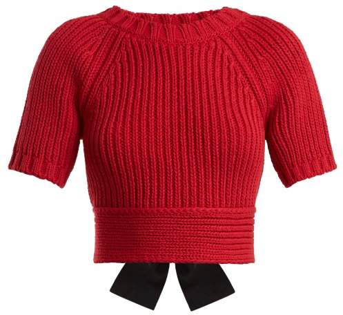 Bow-detail ribbed-knit cotton cropped sweater