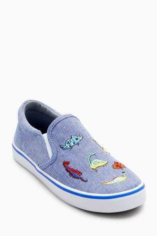 Boys Blue Chambray Dinosaur Slip-On Shoes (Younger Boys) - Blue