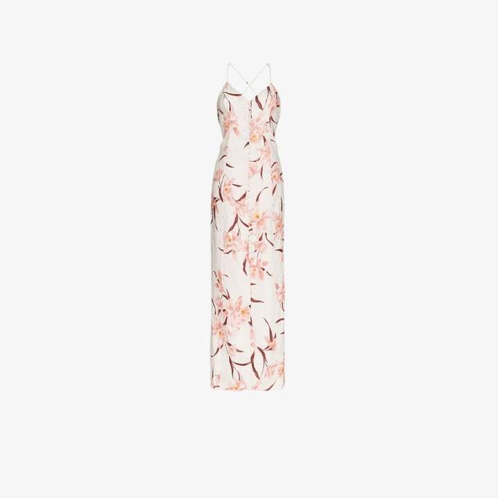 cream, brown and pink corsage orchid print slip dress