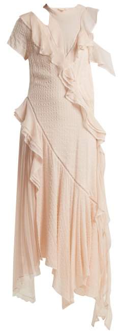 Asymmetric ruffled cut-out silk-blend dress
