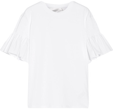 Smocked Poplin-trimmed Cotton-jersey T-shirt - White