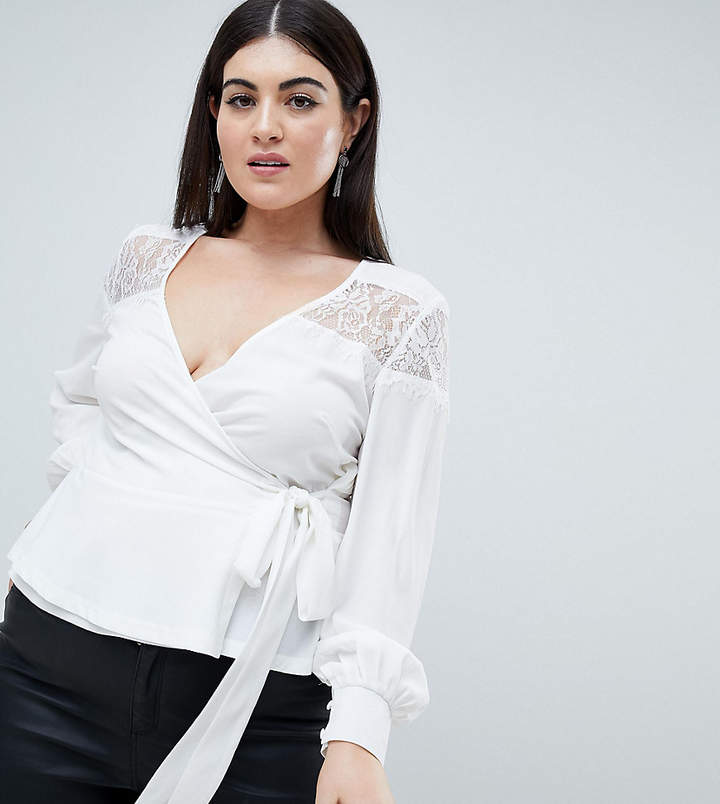 Outrageous Fortune Plus ruffle detail lace insert wrap blouse