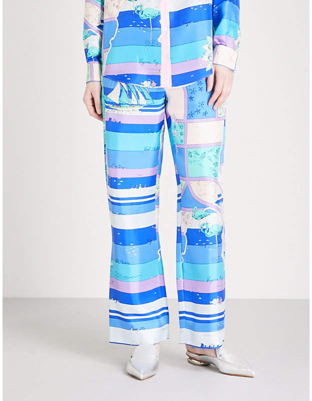 Abstract seaside-print wide-leg silk trousers
