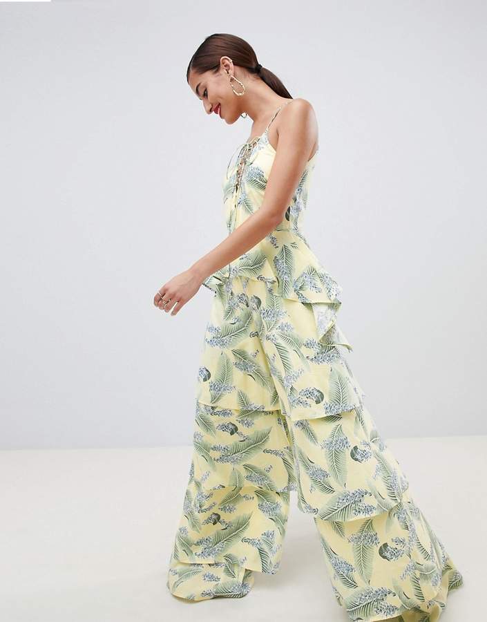 DESIGN Tiered Jumpsuit With Lace Up Front In Tropical Print