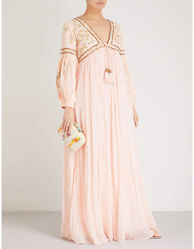 LAS NOCHES IBIZA Tiger Pearl embellished cotton-gauze maxi dress