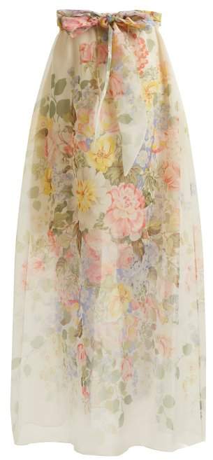Floral-print silk skirt