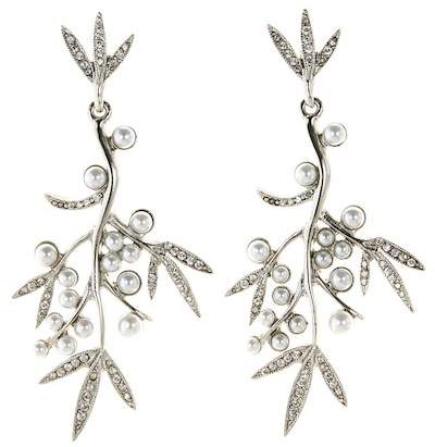 Resin Pearl & Crystal Bamboo Leaf Earrings