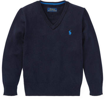 Long-Sleeve V-Neck Knit Sweater, Blue, Size 2-4