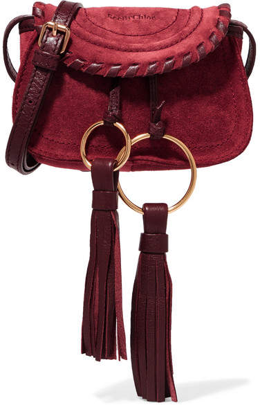  Polly Mini Leather-trimmed Tasseled Suede Shoulder Bag - Burgundy