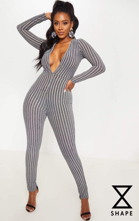 Shape Grey Striped Glitter Mesh Jumpsuit