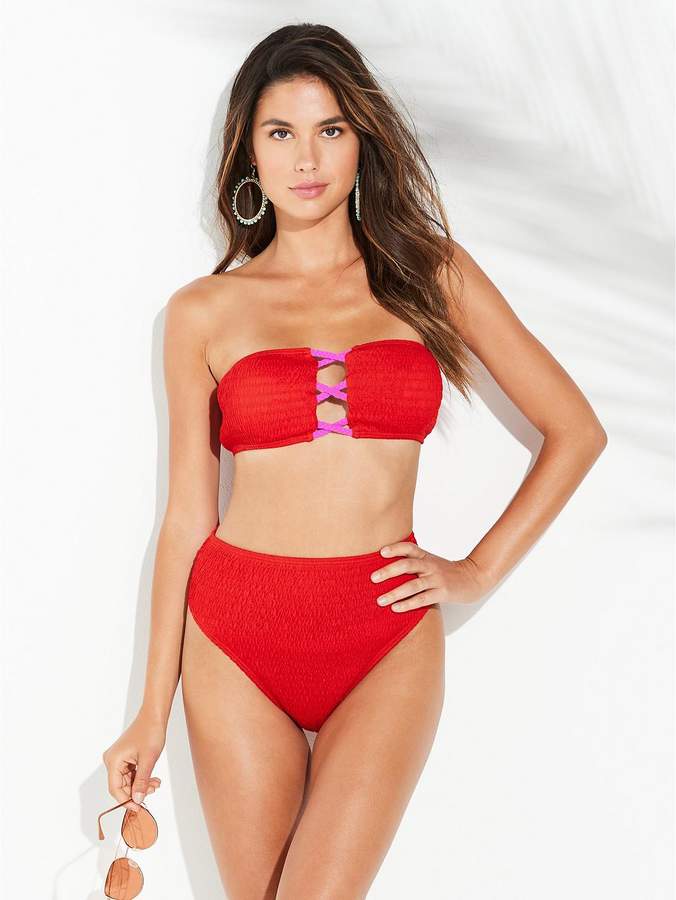 Shirred Contrast Bandeau Bikini Set - Red