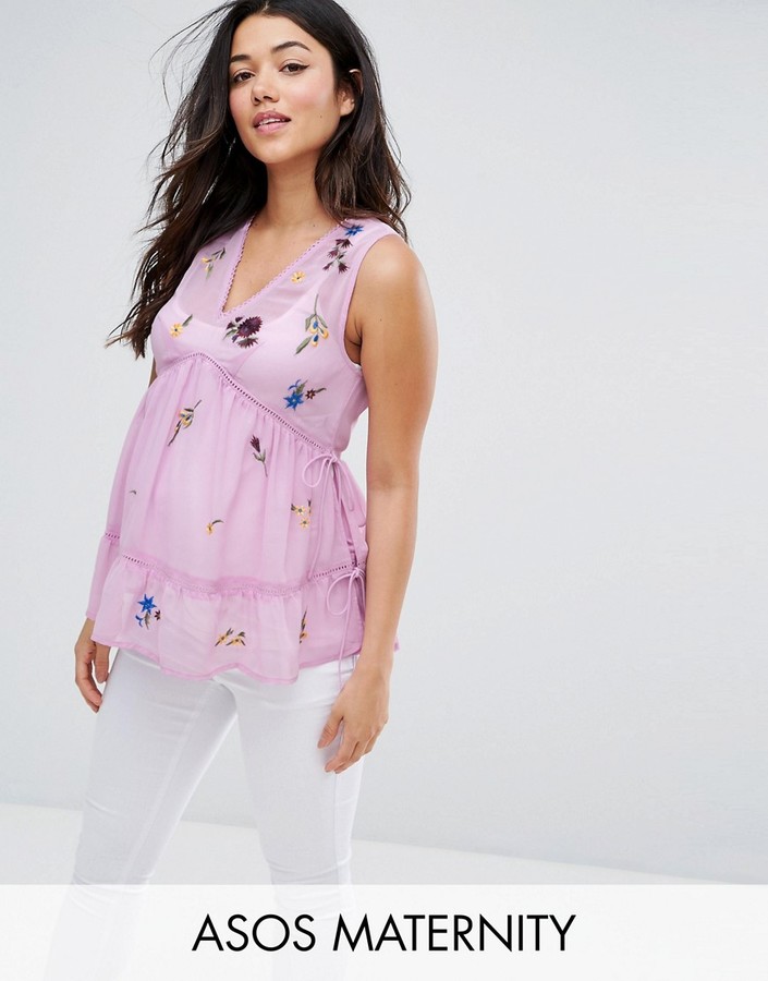 Maternity Sleeveless Embroidered Tank with Lace up Back