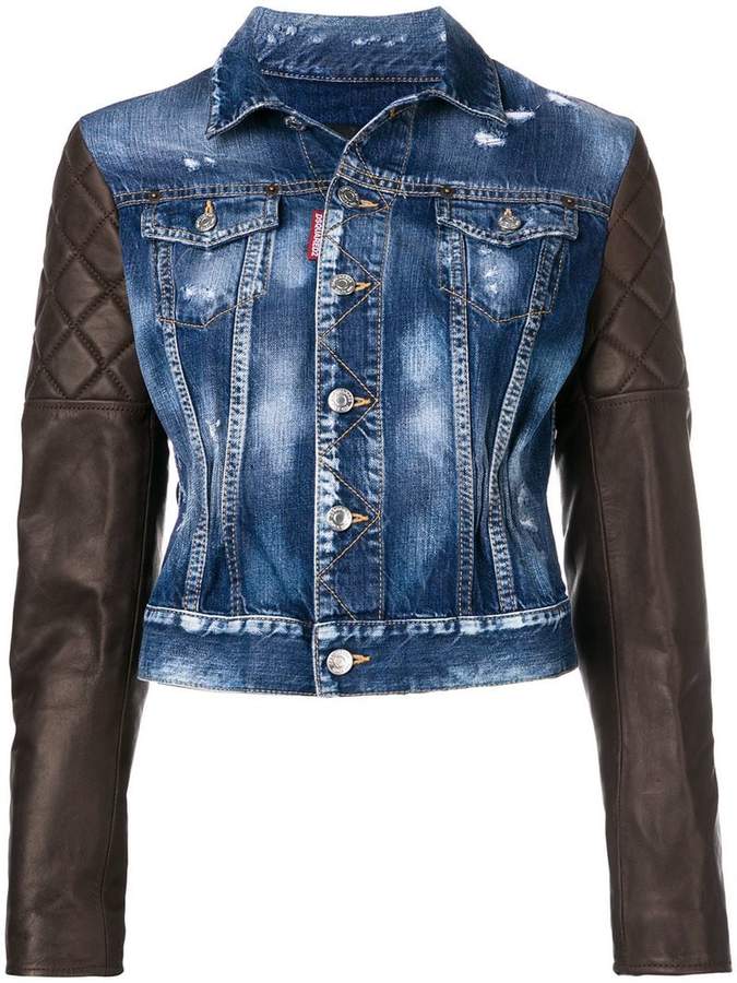 leather sleeve denim jacket