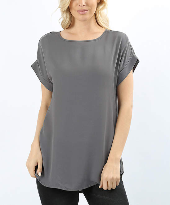 Mid-Gray Folded-Sleeve Boatneck Top - Plus