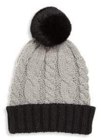 Girl's Rabbit Fur Pom-Pom Cable-Knit Hat