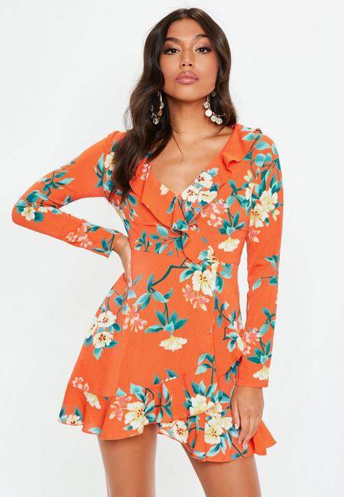 Orange Long Sleeve Floral Print Frill Tea Dress