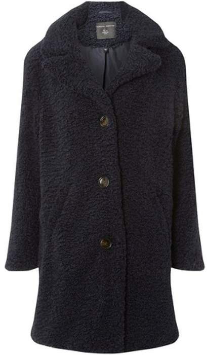 Womens Navy Button Front Teddy Coat