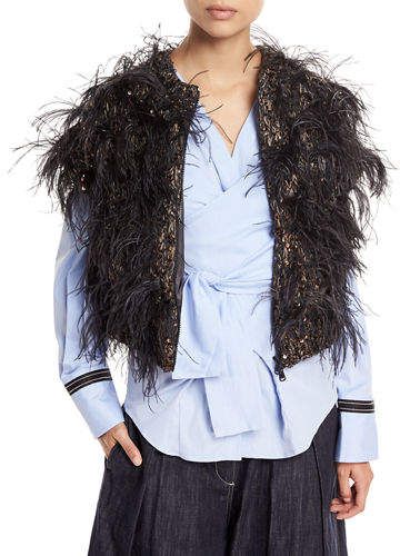 Cap-Sleeve Zip-Front Cashmere Cardigan with Feathers & Sequins