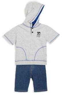 Little Boy's Two-Piece Heathered Hoodie and Denim Shorts Set