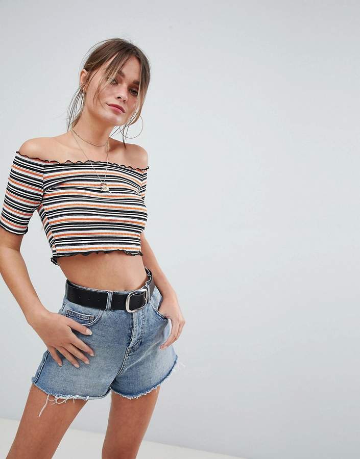 Striped Bardot Frill Edge Top