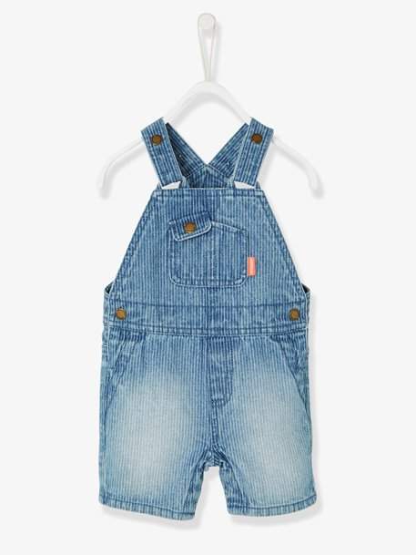 Baby Boys' Short Dungarees with Thin Stripes - blue dark wasched