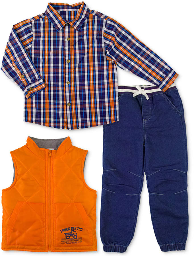 3-Pc. Plaid Shirt, Vest and Denim Pants Set, Little Boys