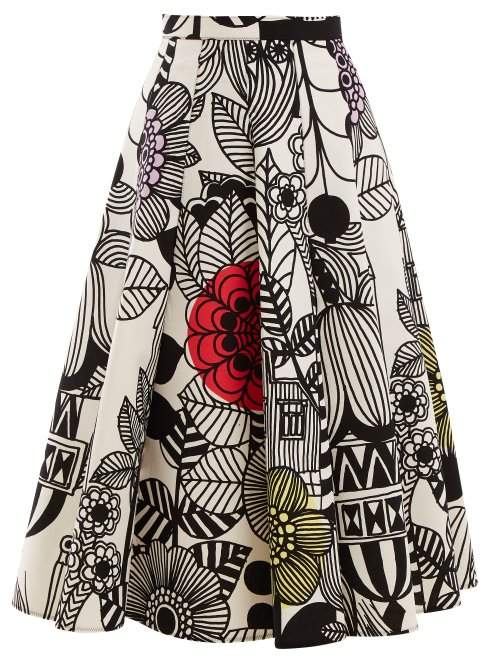Graphic floral-print bonded-cotton midi skirt