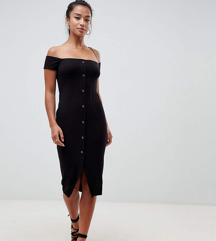 DESIGN Petite off shoulder popper front midi dress in rib