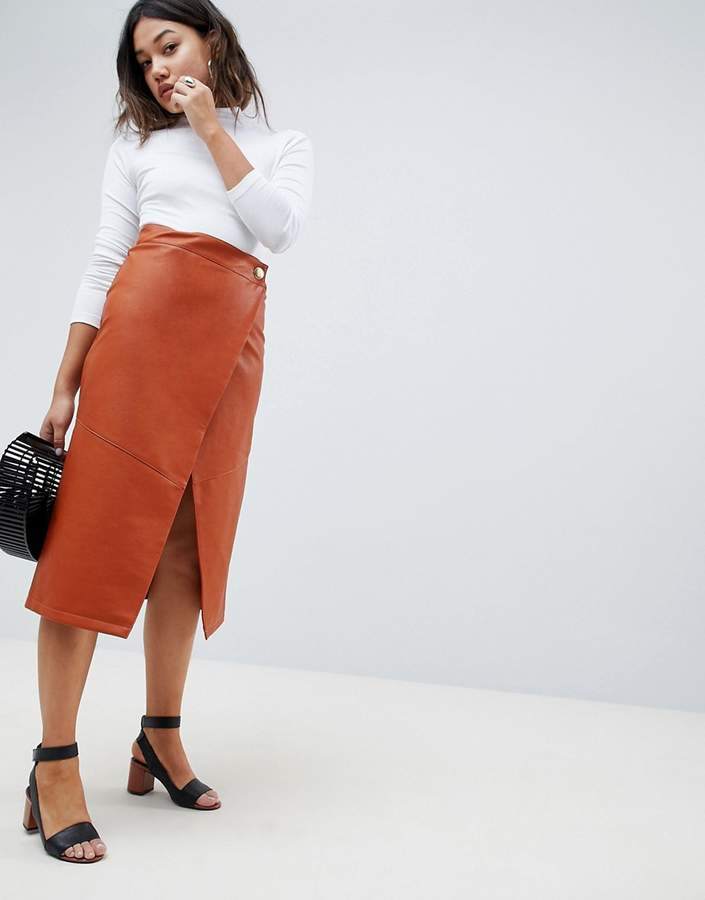 DESIGN leather look wrap midi skirt
