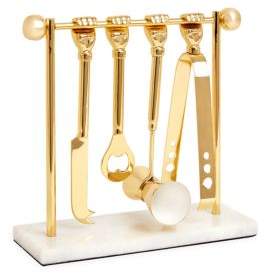 Five-Piece Macho Mantiques Barbell Brass Barware Set