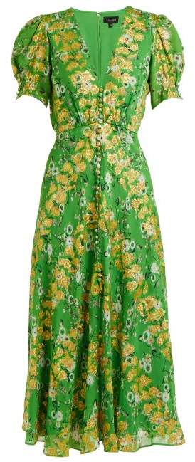 Lea floral-jacquard puff-sleeved silk-blend dress