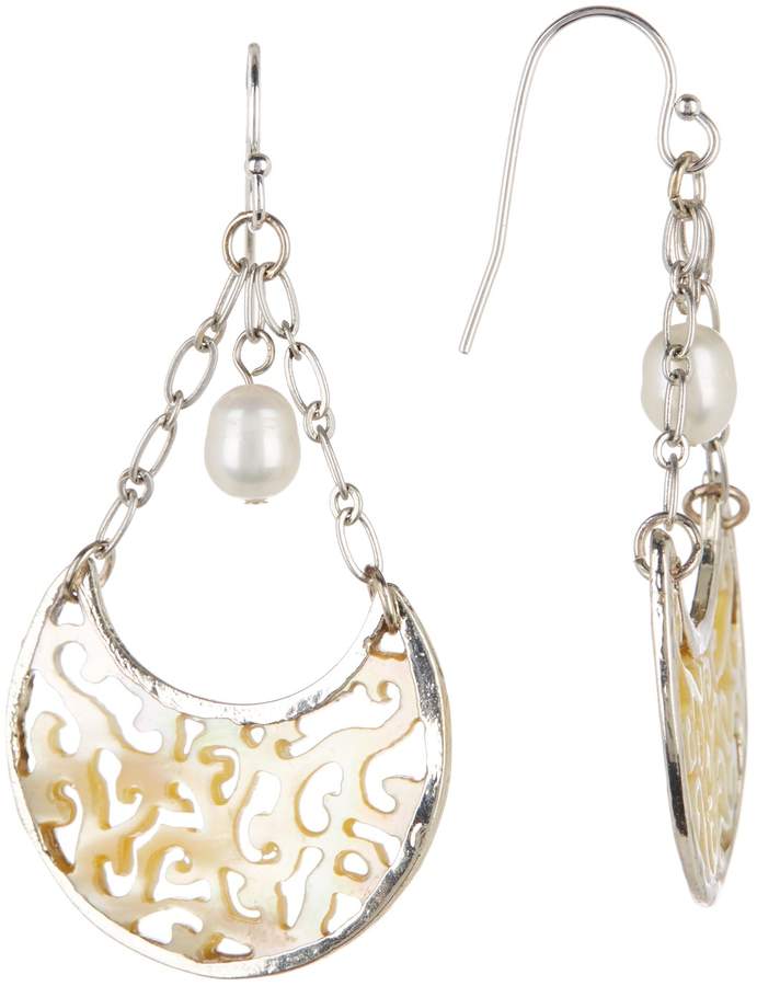 Sterling Silver 8mm Pearl & Cutout Mother of Pearl Dangle Earrings