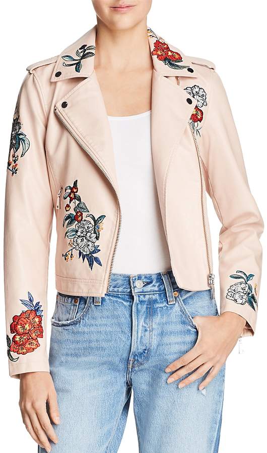 Embroidered Faux Leather Moto Jacket