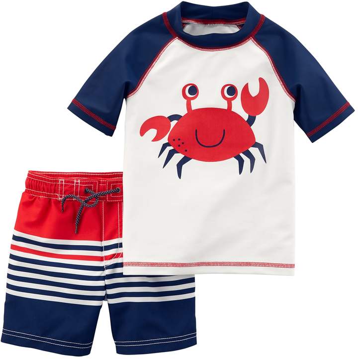 Toddler Boy Crab Rash Guard & Striped Swim Trunks Set
