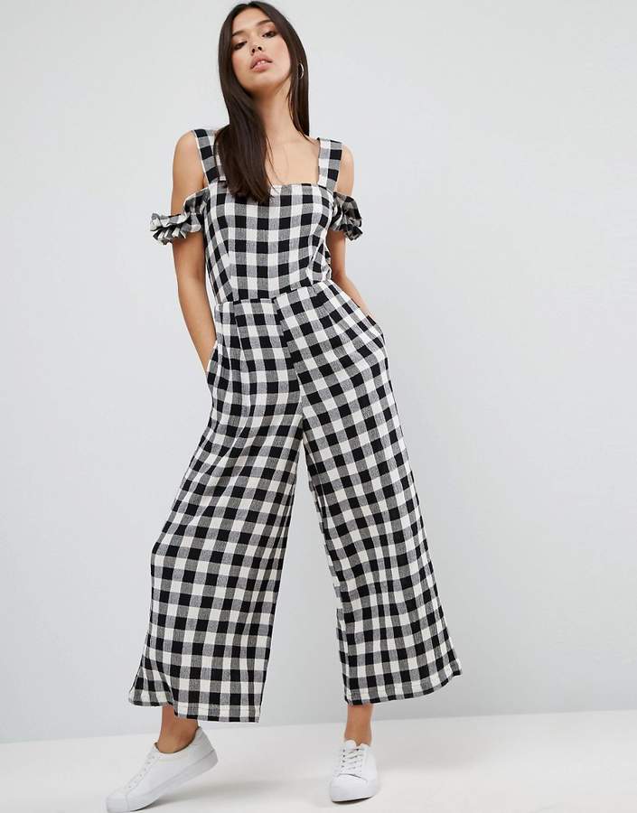 Jumpsuit in Gingham with Cold Shoulder Detail